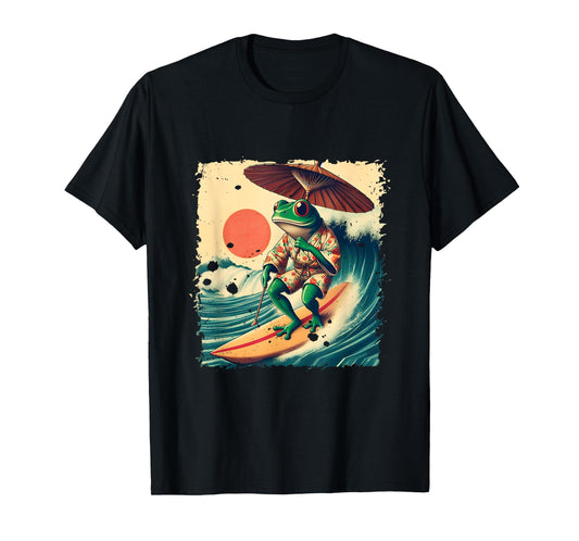 Japanese Frog Surfing Wave Funny Japan Art Anime T-Shirt