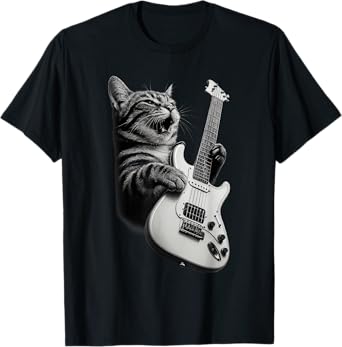 Rock Cat Playing Guitar - Funny Guitar Cat T Shirt T-Shirt