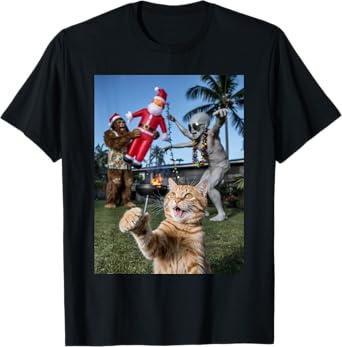 Cat Selfie with Alien and Bigfoot Christmas In July T-Shirt