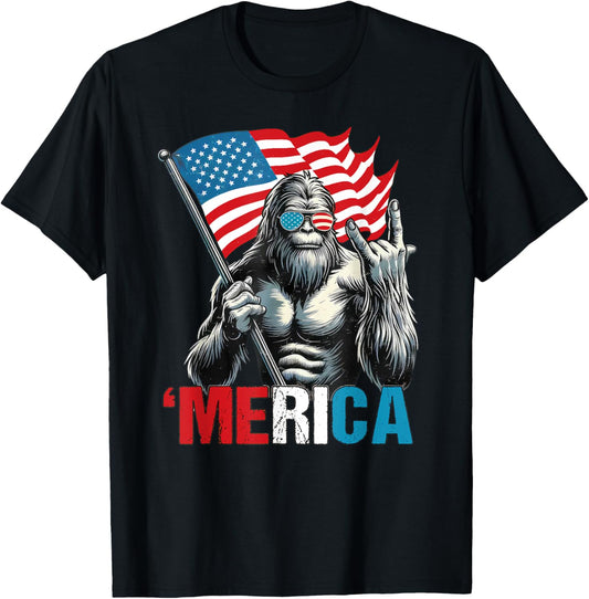 Bigfoot Merica Rock Patriotic American Flag 4th Of July T-shirt