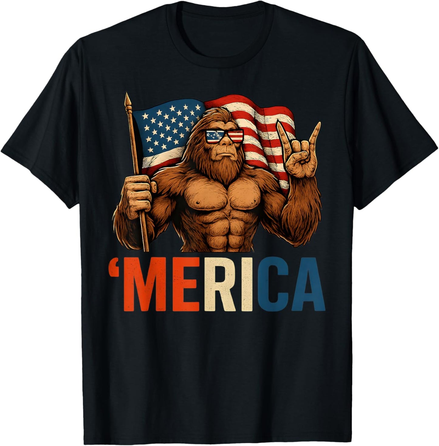 Bigfoot Merica Rock American Flag Patriotic Usa 4th Of July T-shirt