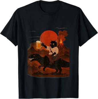 Black Cat Riding Dinosaur with Beer Fantasy Explosion Funny T-Shirt