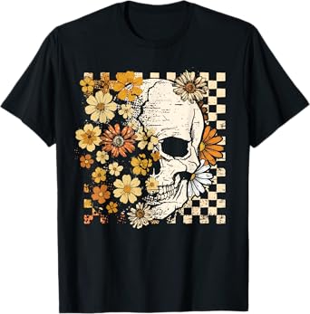 Retro Skull Skeleton Floral Fall Autumn Spooky Halloween T-Shirt