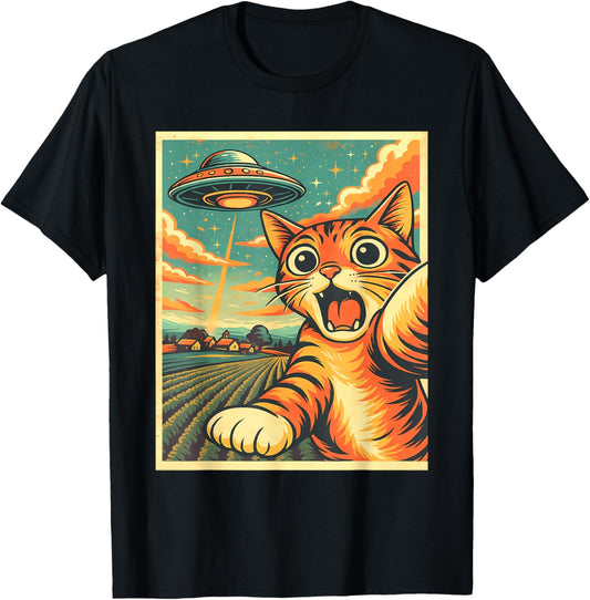 Cat Selfie With Alien Ufo Tulip Funny Anime Kawaii Graphic T-shirt