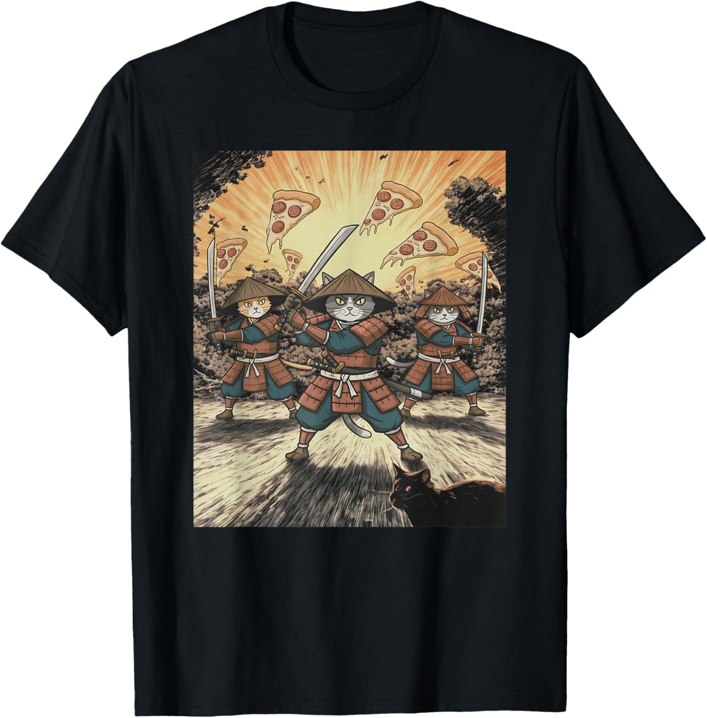 Pizza Battle Cat Graphic Funny Neko Warrior Anime Samurai T-Shirt