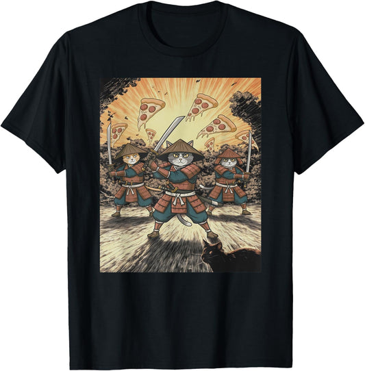 Pizza Battle Cat Graphic Funny Neko Warrior Anime Samurai T-Shirt