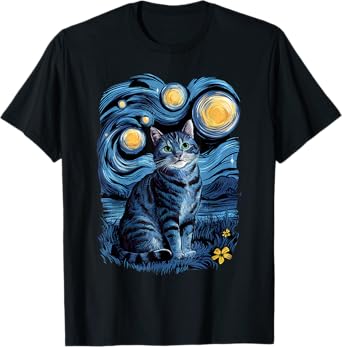 Van Gogh Cat Gifts Tabby Cat Owners Cat Lady Black Men Cat T-Shirt