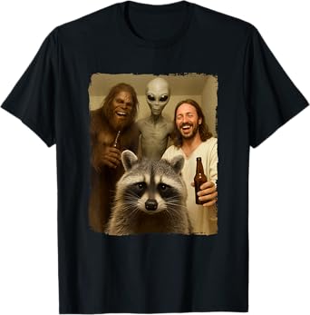 Raccoon Selfie Bigfoot Jesus Alien Funny Trash Pandas T-Shirt