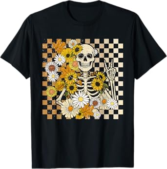 Retro Fall Skeleton Halloween Skeleton Flower Spooky Season T-Shirt
