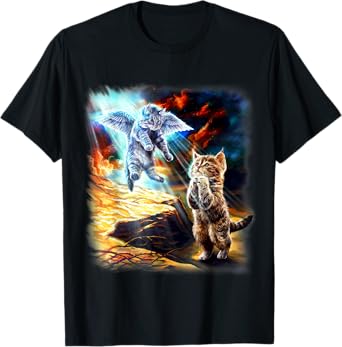Angel Cat and Praying Companion in Fiery Sky Men Women Kids T-Shirt