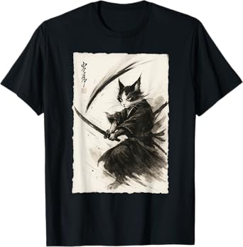 Samurai Cat Japanese Vintage Ukiyo-e Warrior Graphic Tee Cat T-Shirt