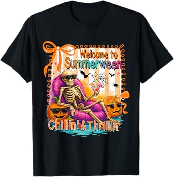 Summerween Skeleton Pool Float Funny Halloween Vibe T-Shirt