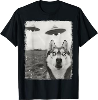 Siberian Husky Dog UFO Alien Extraterrestrial Selfie Men Women Kids T-Shirt