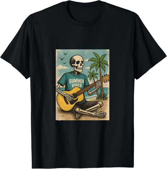 Vintage Skeleton Summer vibes Funny Beach Guitar T-Shirt