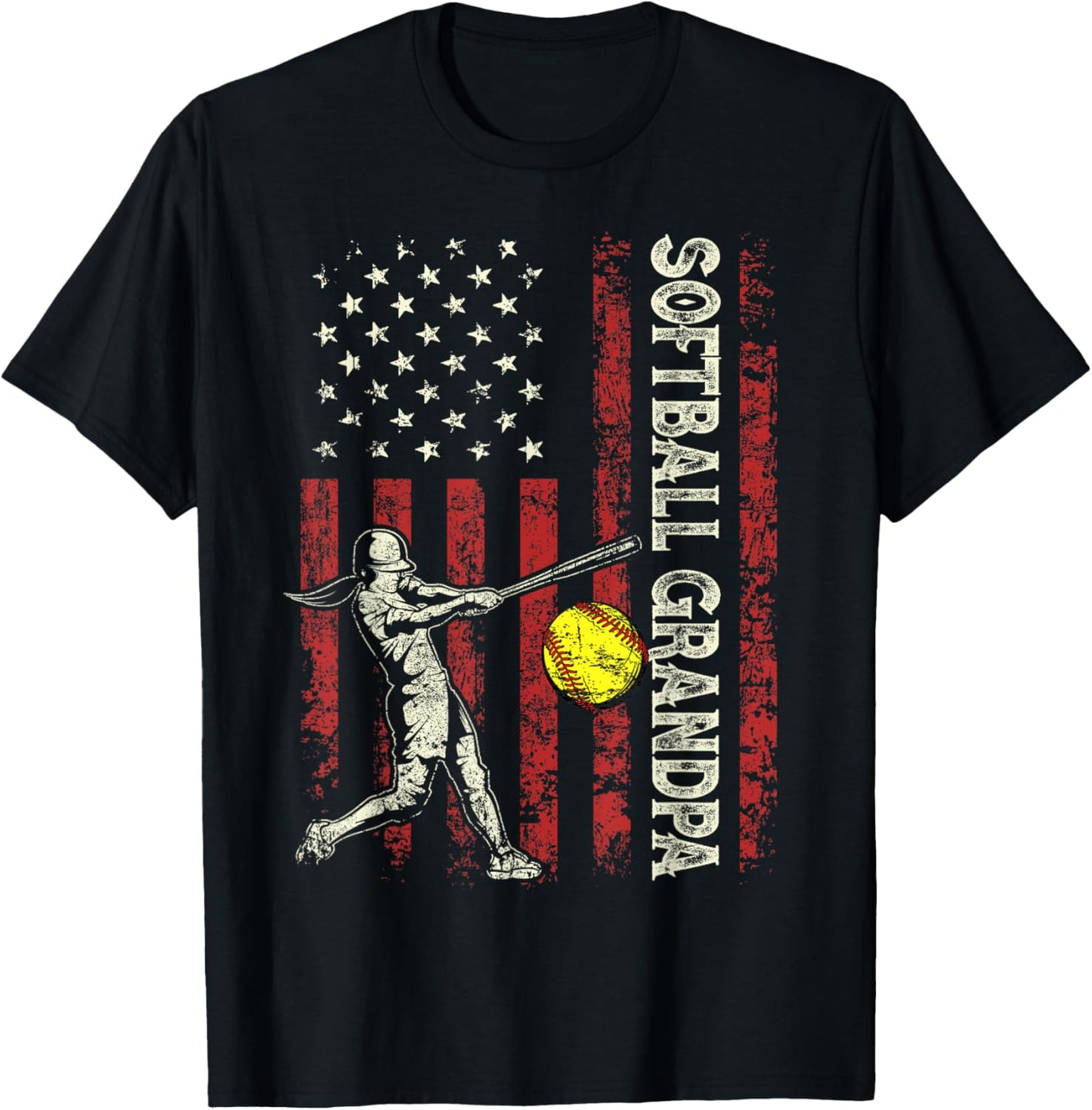 Softball Grandpa US Flag Gifts Dad Men Patriotic Fathers Day T-Shirt