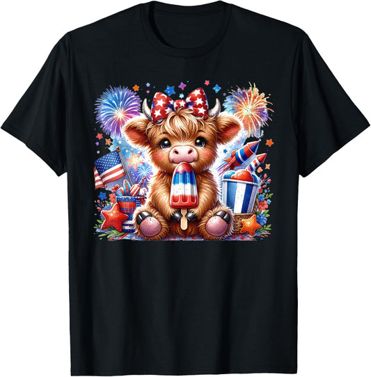 4th Of July Highland Cow Popsicle Firework USA American T-Shirt
