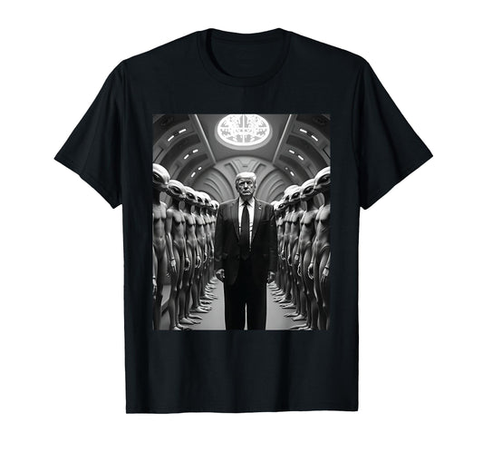 Trump with Aliens Conspiracy Theory UFO Visitation Funny T-Shirt