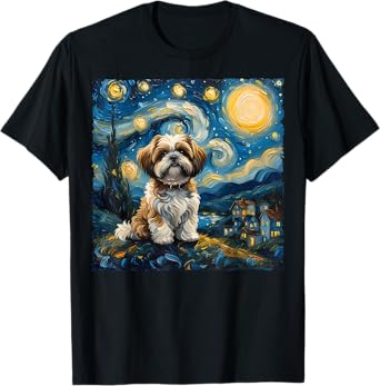 Shih Tzu Dog Lovers The Starry Night Van Gogh Style Painting T-Shirt