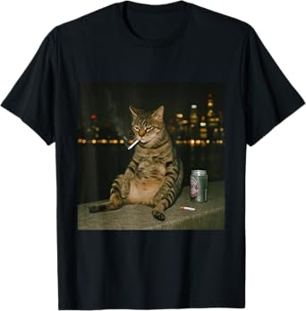 Cool Urban Cat Smoking at Night A Funny Kitten with Beer Can T-Shirt