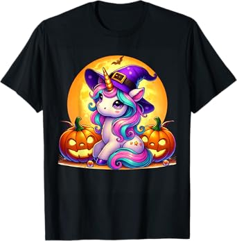 Cute Halloween Unicorn Witch Pumpkin Girls Women School T-Shirt