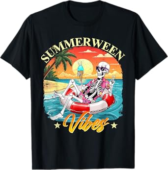 Funny Summerween Vibes Skeleton Pumpkin Spooky Vacation T-Shirt