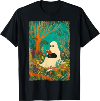 Groovy Ghost Reading Book Black Cat Halloween Ghost Teacher T-Shirt