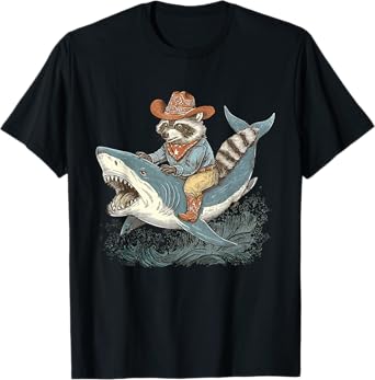 Cowboy Raccoon Riding Shark Fun Western Raccoon Rodeo Howdy T-Shirt