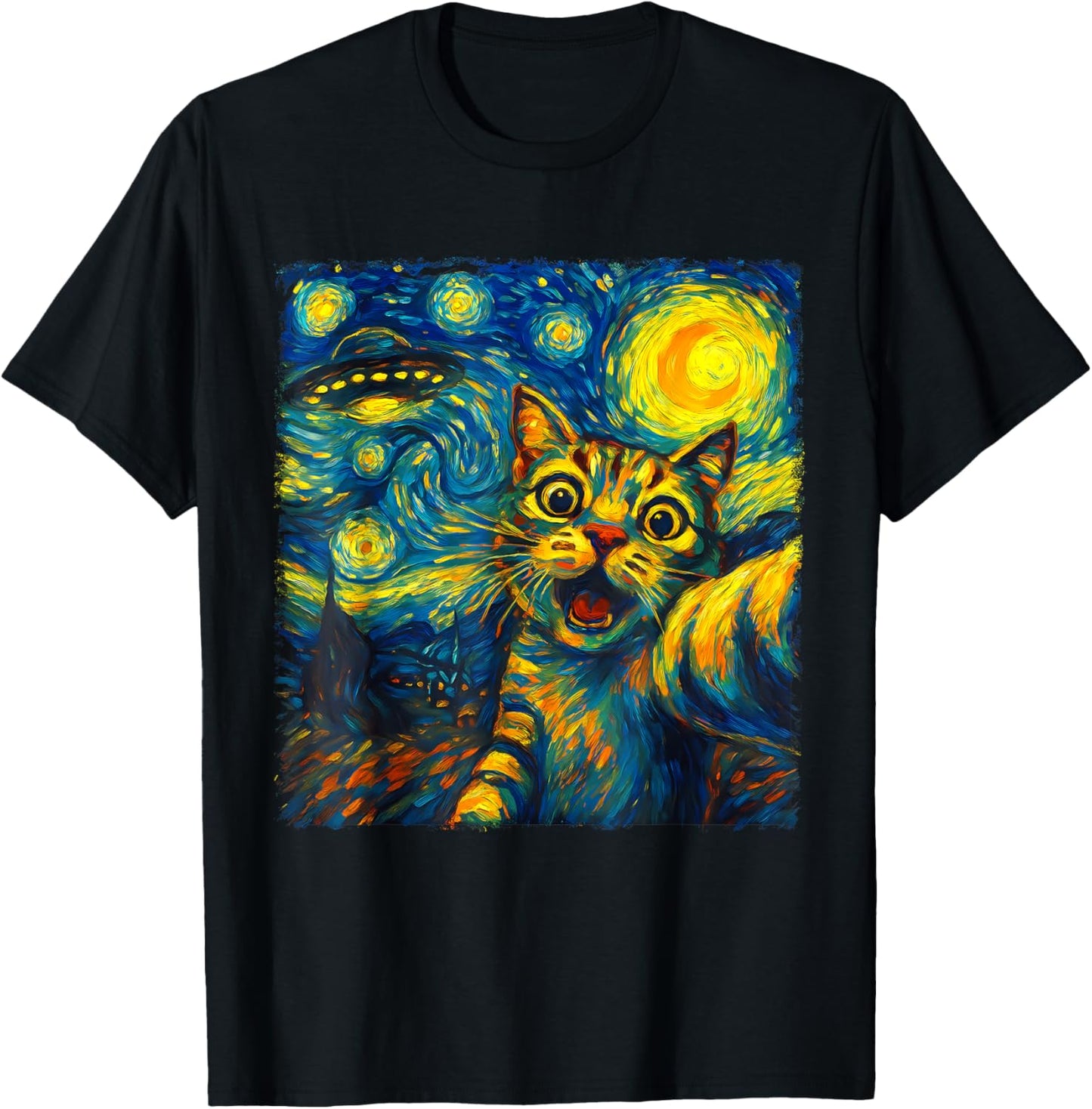 Cat Selfie With Alien Ufo Funny Starry Night Van Gogh T-shirt