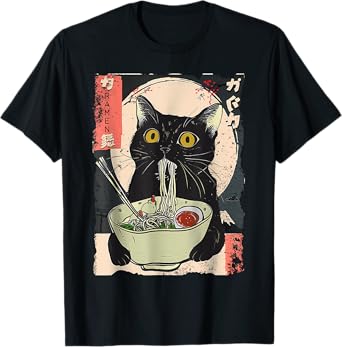 Vintage Cat Eating Ramen Funny Japanese Noodles T-Shirt