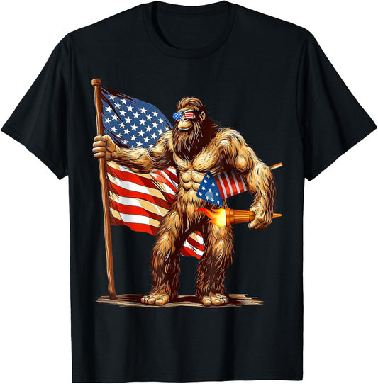 Bigfoot Fireworks 4th Of July Men Sasquatch American Us Flag T-shirt