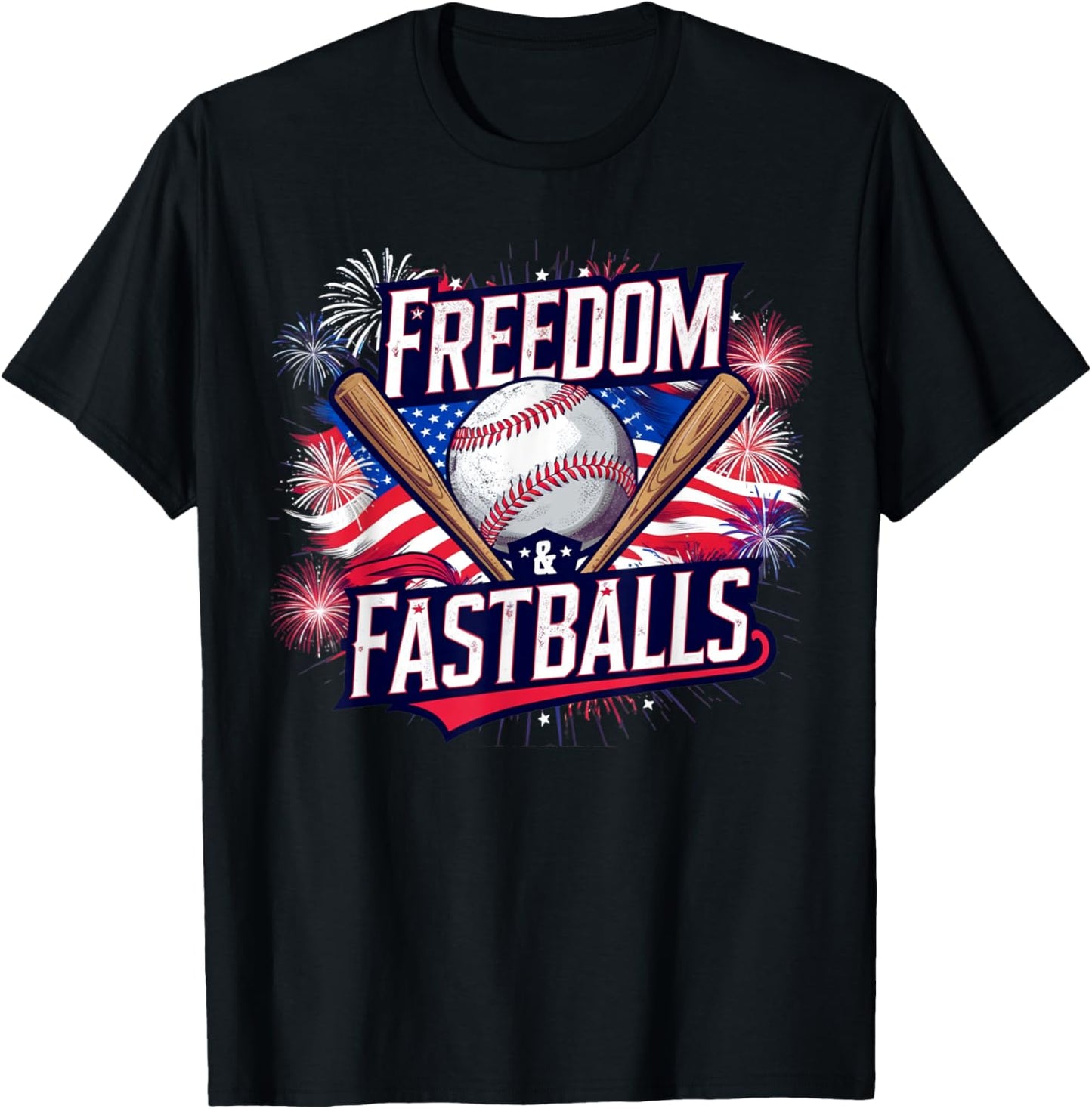 Patriotic Firework Baseball 4th Of July Freedom & Fastballs T-shirt