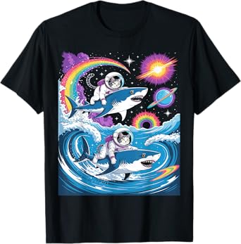 Cats Riding Sharks in Space Funny Galaxy Rainbow Tee T-Shirt