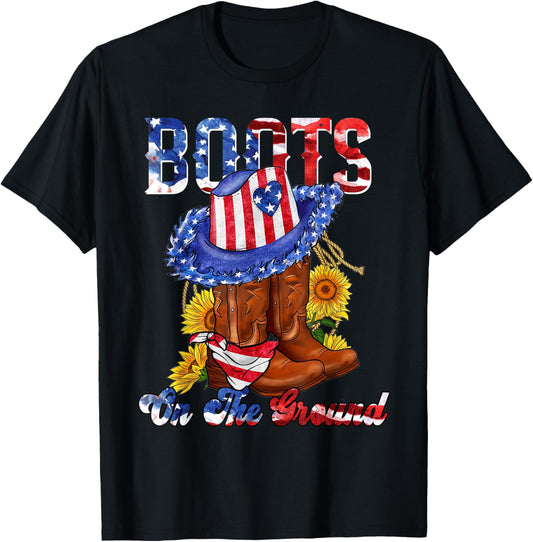 Boots On The Ground 4th of July Western Flag Cowgirl T-Shirt