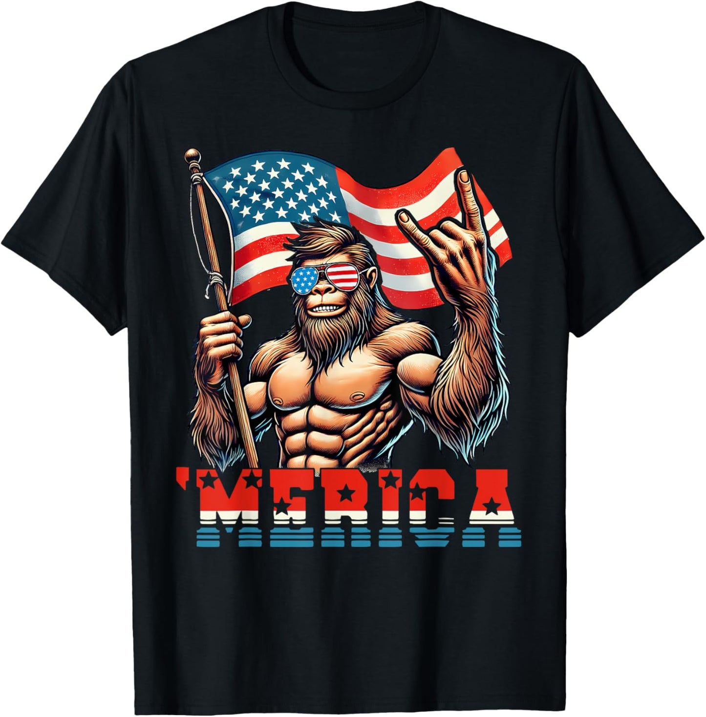Bigfoot Merica Rock American Flag Patriotic 4th Of July T-Shirt