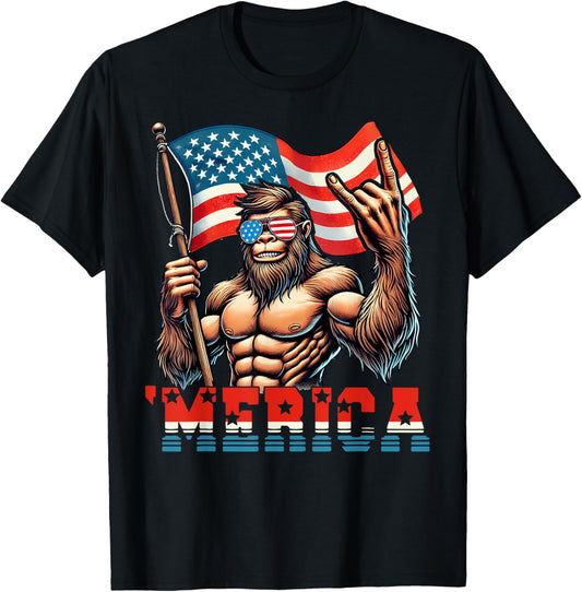 Bigfoot Merica Rock American Flag Patriotic 4th Of July T-Shirt