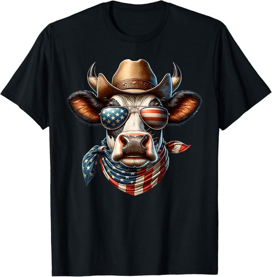 Patriotic Cow American Flag Sunglasses Cowboy 4th Of July T-shirt