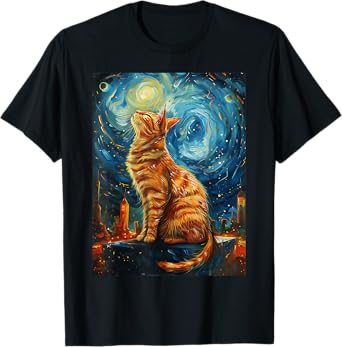 Cat in the Starry Night Van Gogh Style Cat Lover Cat Mom Dad T-Shirt