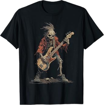 Skeleton Punk Rocker Halloween Bass Guitar Rock N Roll T-Shirt