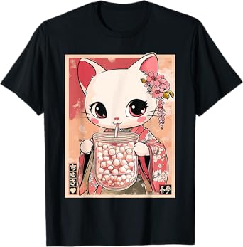 Vintage Kawaii Kimono Cat with Bubble Tea T-Shirt
