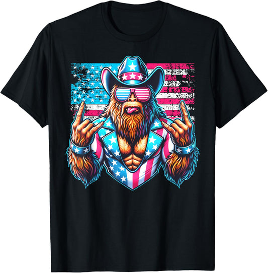 80s Wrestler Cowboy Patriotic Rocker USA Sasquatch Funny T-Shirt