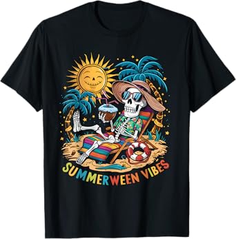 Funny Summerween Vibes Skeleton Summer Vacation Beach Men Women T-Shirt