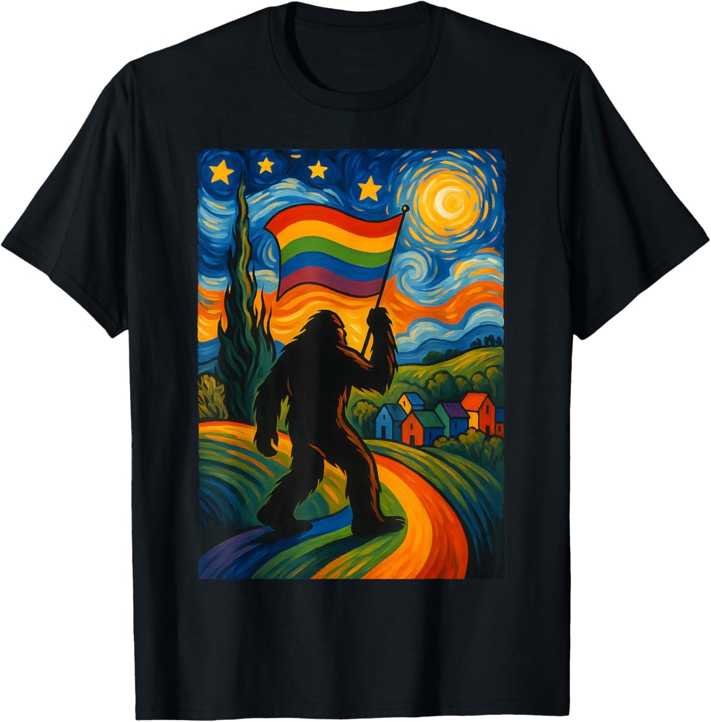 Gay Pride Bigfoot Starry Night LGBTQ Van Gogh T-Shirt