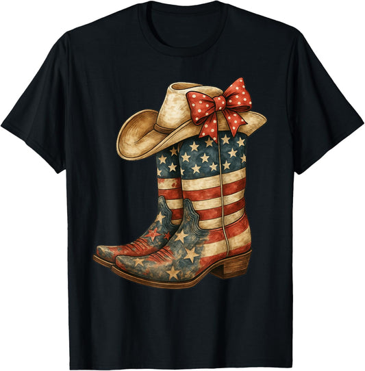 Retro Western Cowboy Boots Cowgirl American Flag 4th Of July T-shirt