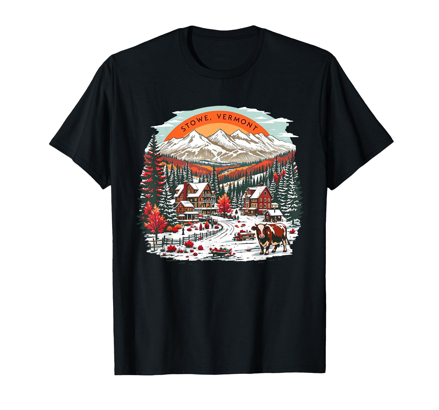 Vintage Stowe Vermont Sunset Mountains Cityscape Retro T-Shirt