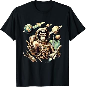 Space Vintage Travel Astronaut Monkey Holding Spaceship T-Shirt