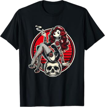 Tattoo Goth Pin-up Girl with Skull Vintage Horror Rockabilly T-Shirt