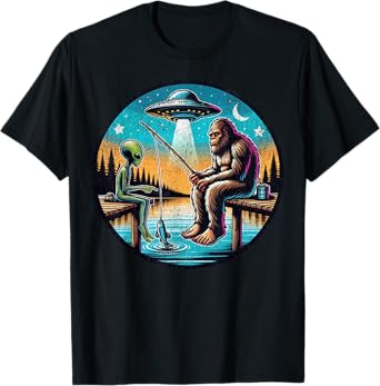 Funny Bigfoot And Alien Fishing. Bigfoot And Alien UFO T-Shirt