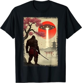 Japanese Samurai Bigfoot UFO Ukiyo-e Katana Vintage Graphic T-Shirt