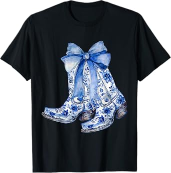 Coquette Blue Floral Boots Bow Cowboy Cowgirl T-Shirt