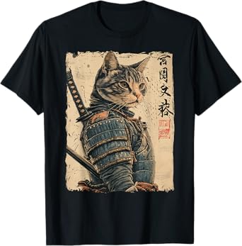 Samurai Cat Warrior Japanese Ukiyo-e Artwork Cat Samurai T-Shirt